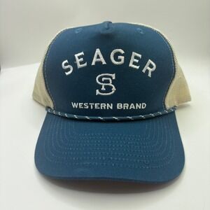 Seager Western Brand Mens Blue Cream Mesh Trucker Hat Snapback Rope Cap